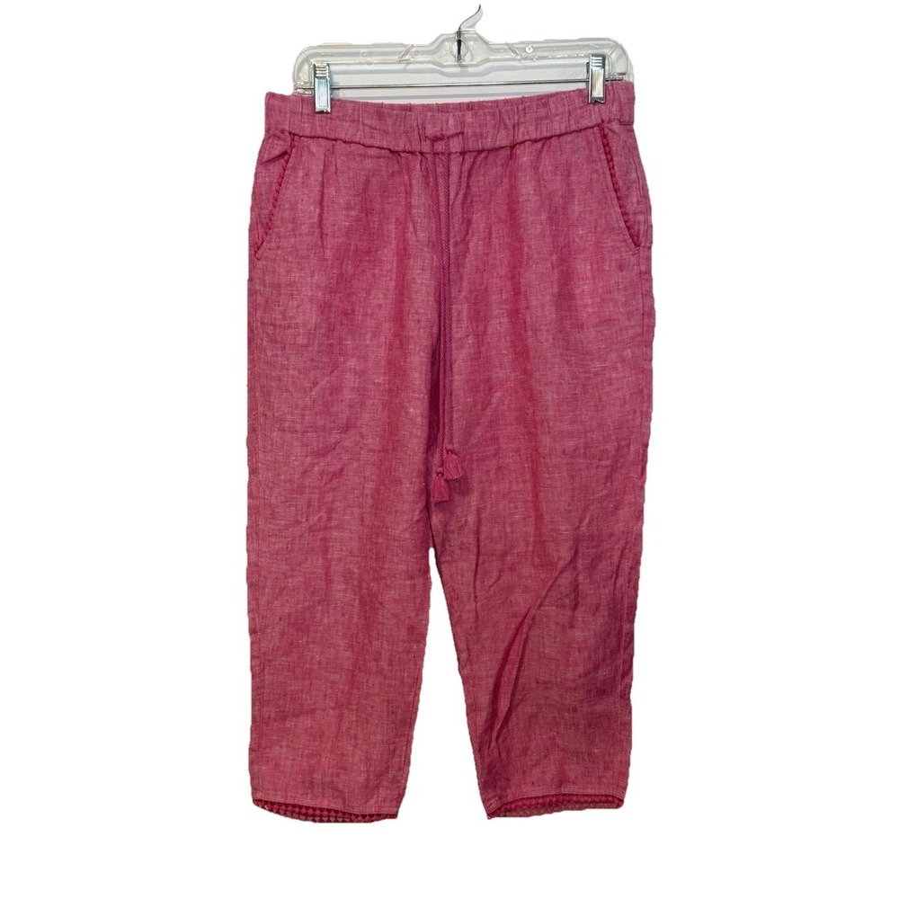Talbots Women's 6P Pink Red Cropped Wide Leg‎ Linen Pom Pom Ball Trim Pants
